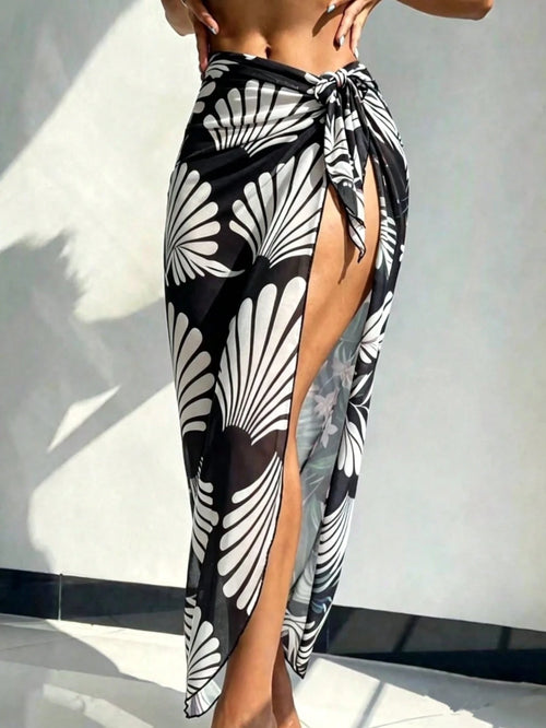Breezaya Women's Tropical Plant Print Tie-Up Slit Cover-Up Maxi Skirt