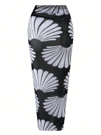 Breezaya Women's Tropical Plant Print Tie-Up Slit Cover-Up Maxi Skirt