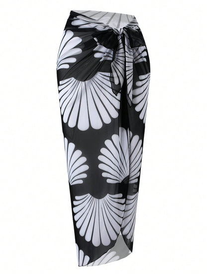Breezaya Women's Tropical Plant Print Tie-Up Slit Cover-Up Maxi Skirt