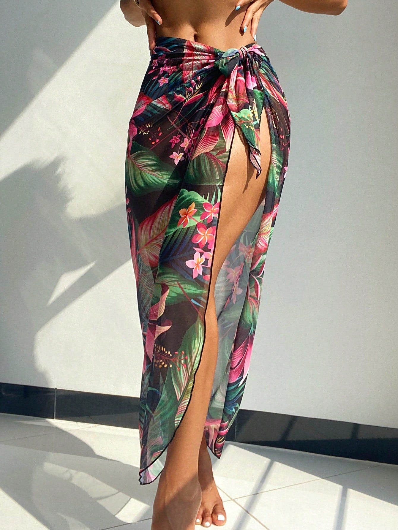 Breezaya Women's Tropical Plant Print Tie-Up Slit Cover-Up Maxi Skirt
