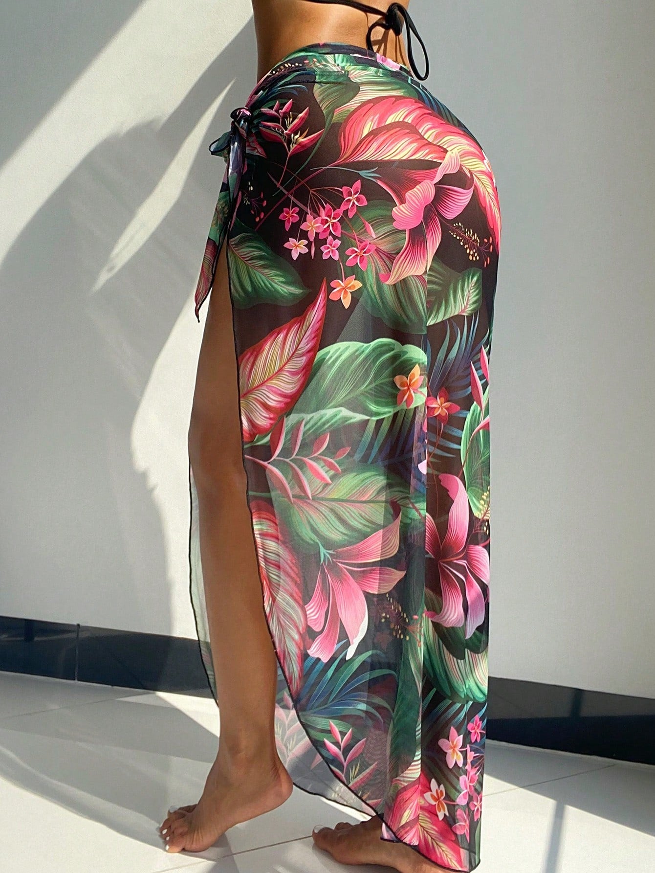 Breezaya Women's Tropical Plant Print Tie-Up Slit Cover-Up Maxi Skirt