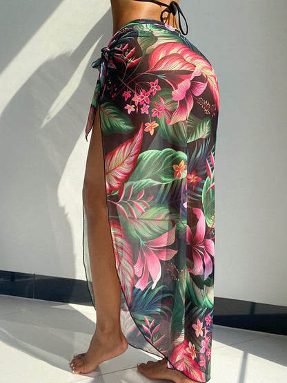 Breezaya Women's Tropical Plant Print Tie-Up Slit Cover-Up Maxi Skirt
