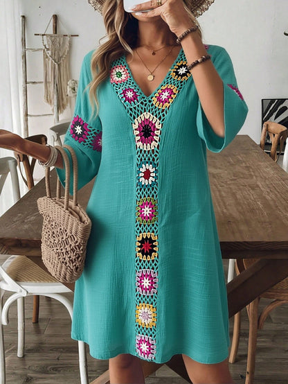 Breezaya Women's V-Neck 3/4 Sleeve Crochet Floral Random Color Loose Side Slit Beach Cover Up Dress