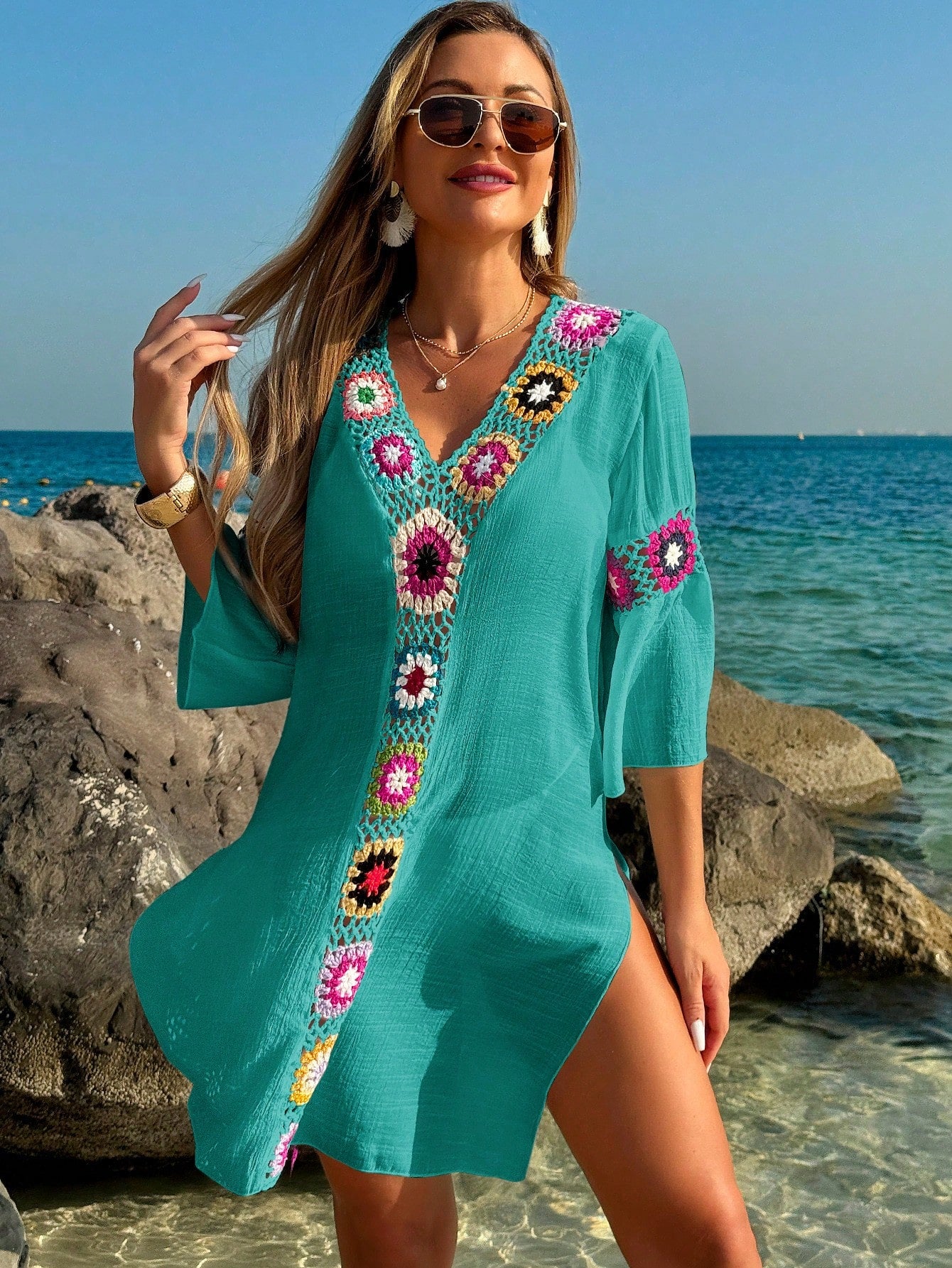 Breezaya Women's V-Neck 3/4 Sleeve Crochet Floral Random Color Loose Side Slit Beach Cover Up Dress