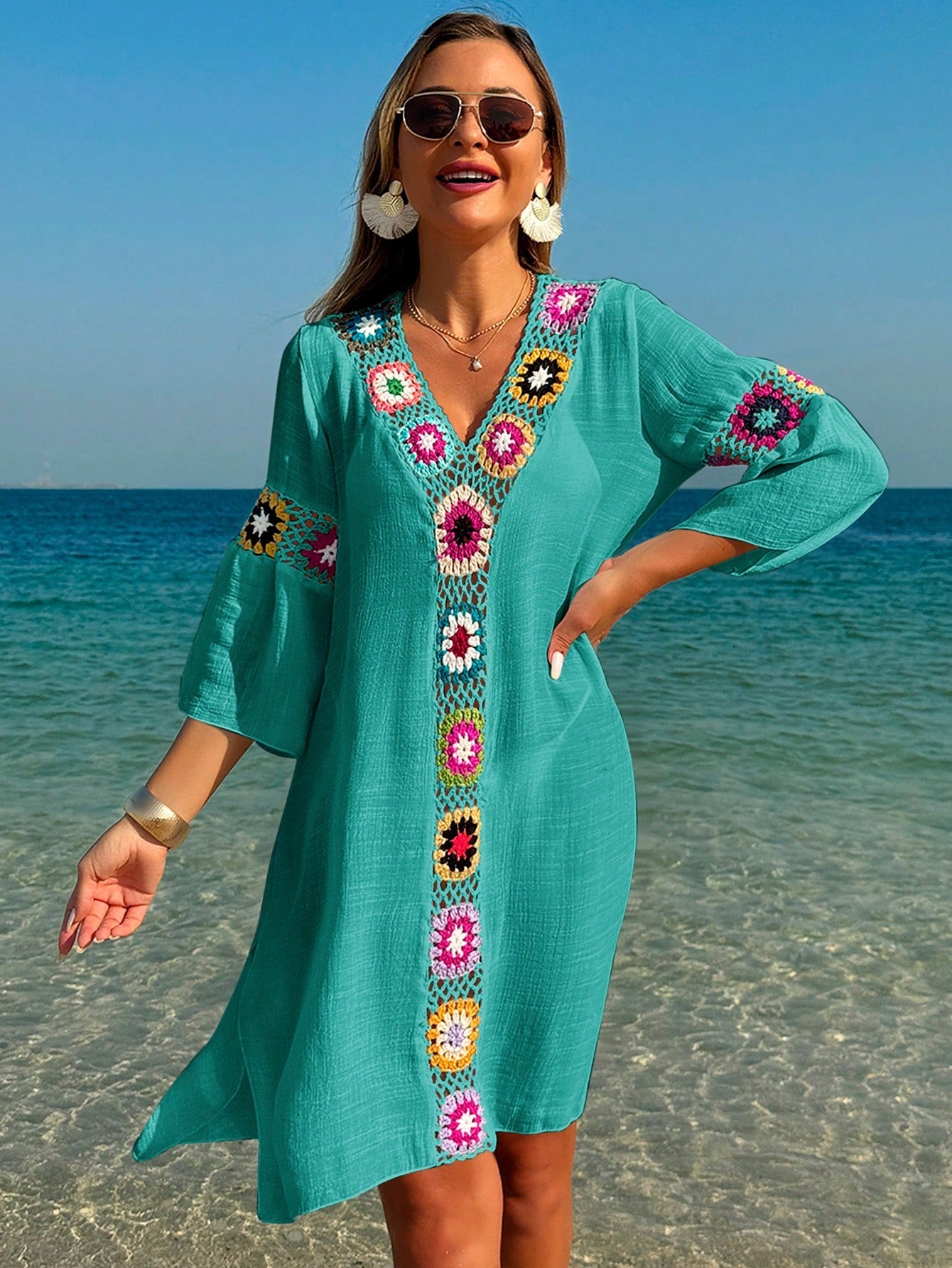 Breezaya Women's V-Neck 3/4 Sleeve Crochet Floral Random Color Loose Side Slit Beach Cover Up Dress