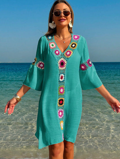 Breezaya Women's V-Neck 3/4 Sleeve Crochet Floral Random Color Loose Side Slit Beach Cover Up Dress