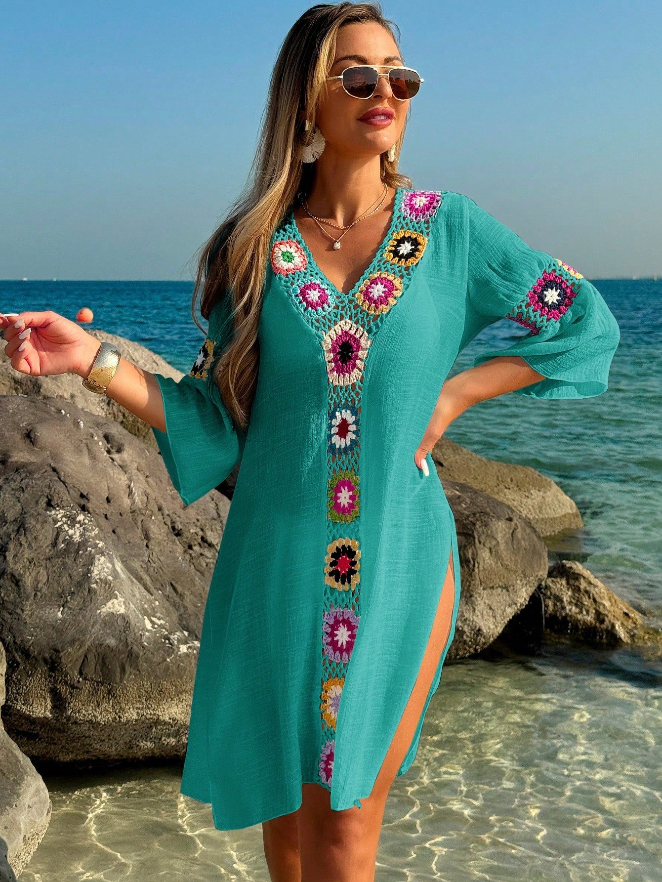Breezaya Women's V-Neck 3/4 Sleeve Crochet Floral Random Color Loose Side Slit Beach Cover Up Dress