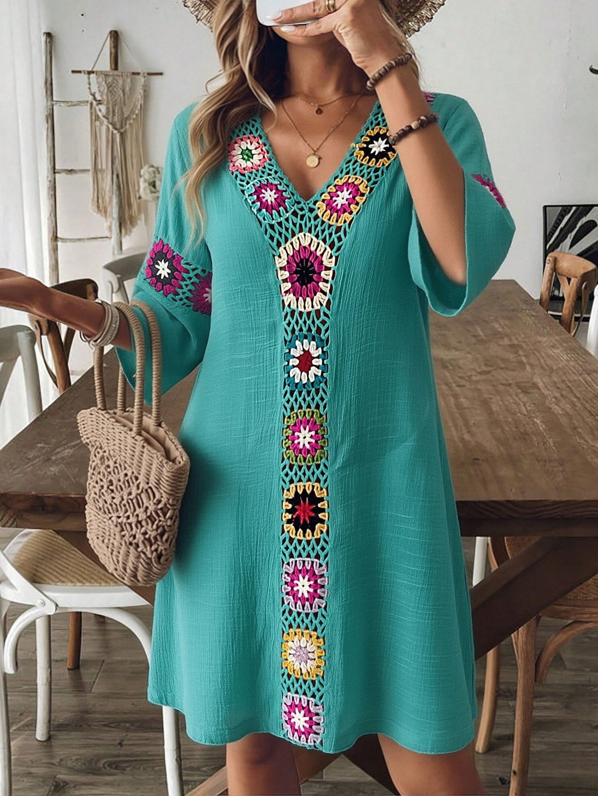 Breezaya Women's V-Neck 3/4 Sleeve Crochet Floral Random Color Loose Side Slit Beach Cover Up Dress