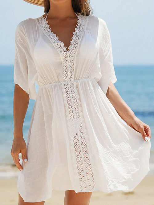 Breezaya Women's V-Neck Lace Splice Solid Color Beach Cover-Up Dress Summer