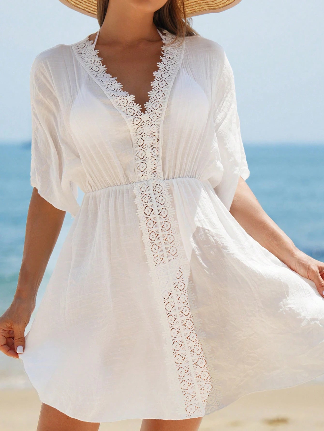 Breezaya Women's V-Neck Lace Splice Solid Color Beach Cover-Up Dress Summer