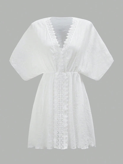 Breezaya Women's V-Neck Lace Splice Solid Color Beach Cover-Up Dress Summer