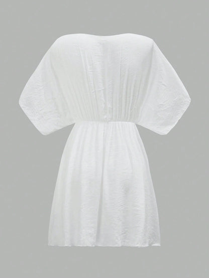 Breezaya Women's V-Neck Lace Splice Solid Color Beach Cover-Up Dress Summer