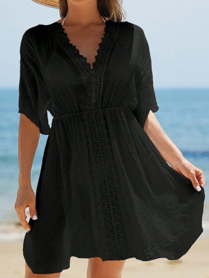 Breezaya Women's V-Neck Lace Splice Solid Color Beach Cover-Up Dress Summer
