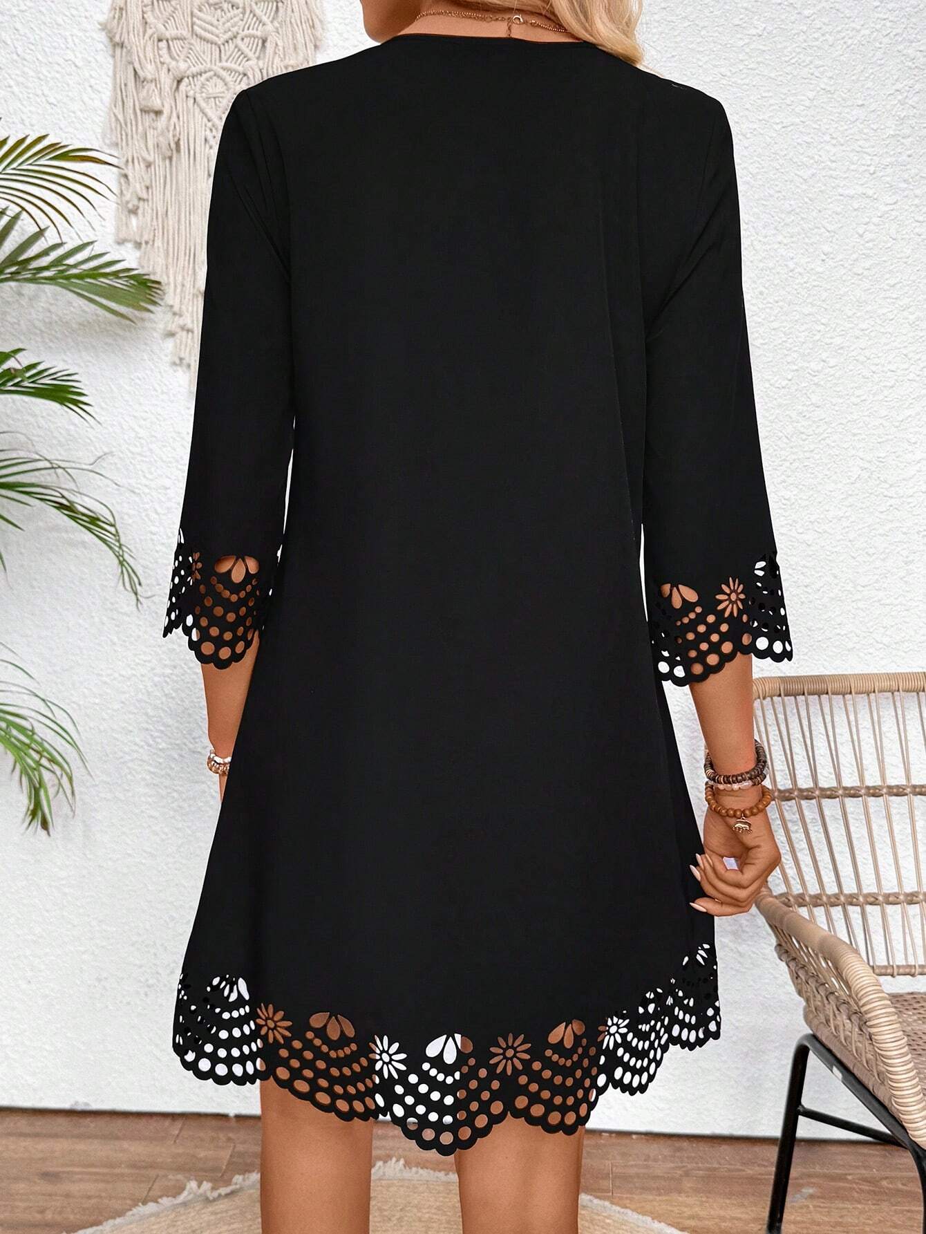 Breezaya Women Summer Hollow Out A-Line Dress With Arc-Shaped V-Neck, Loose Fit And Elegant Design
