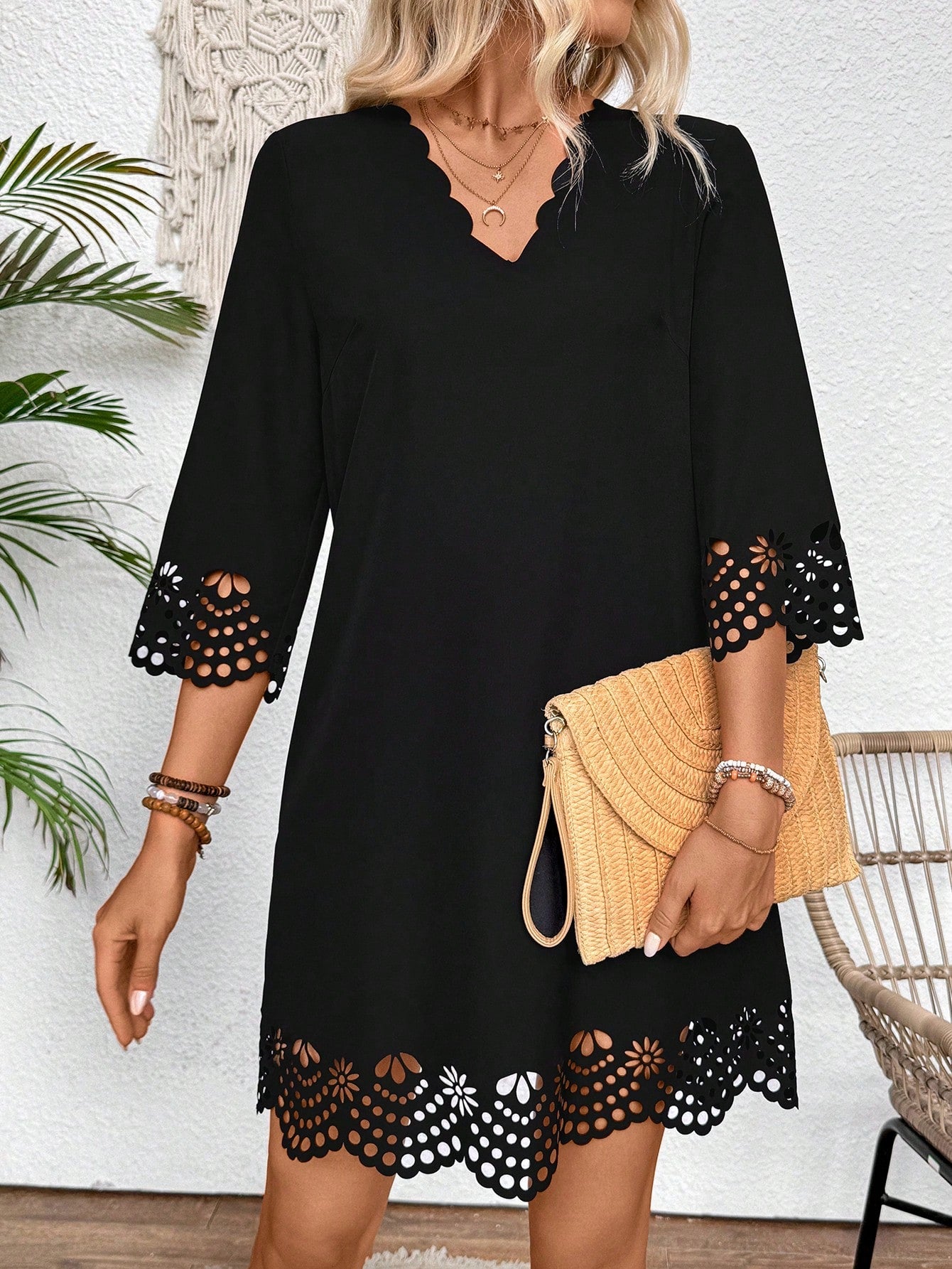 Breezaya Women Summer Hollow Out A-Line Dress With Arc-Shaped V-Neck, Loose Fit And Elegant Design