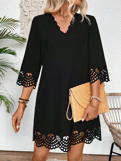 Breezaya Women Summer Hollow Out A-Line Dress With Arc-Shaped V-Neck, Loose Fit And Elegant Design