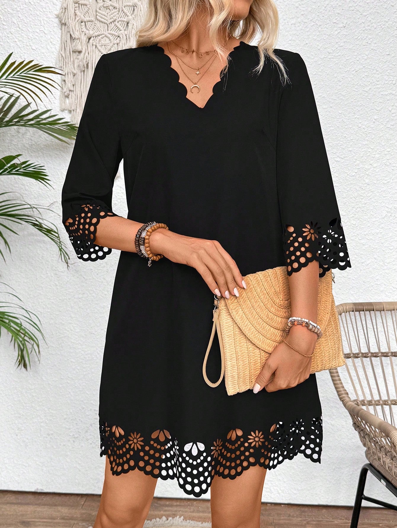 Breezaya Women Summer Hollow Out A-Line Dress With Arc-Shaped V-Neck, Loose Fit And Elegant Design