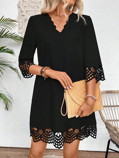 Breezaya Women Summer Hollow Out A-Line Dress With Arc-Shaped V-Neck, Loose Fit And Elegant Design