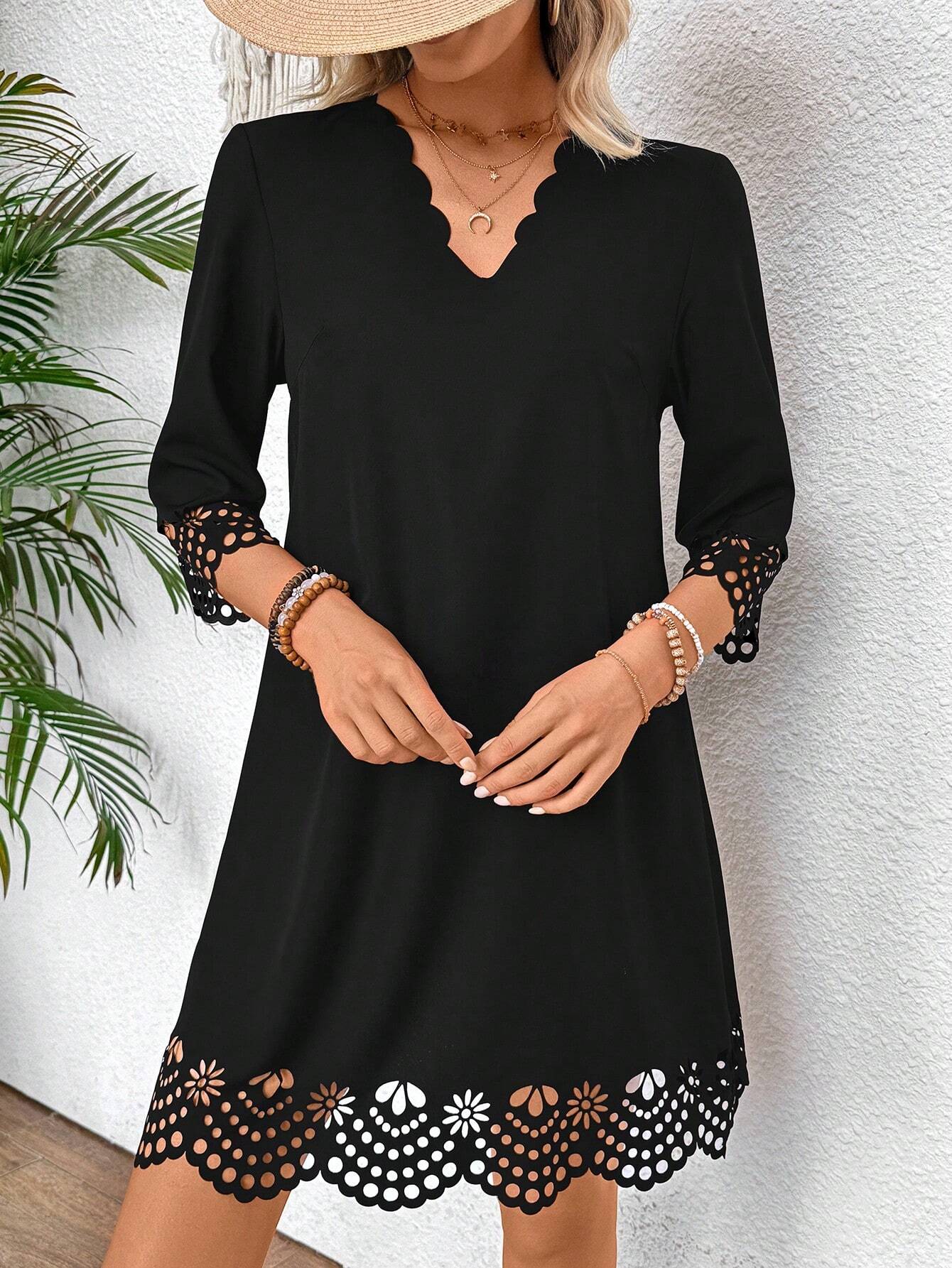Breezaya Women Summer Hollow Out A-Line Dress With Arc-Shaped V-Neck, Loose Fit And Elegant Design