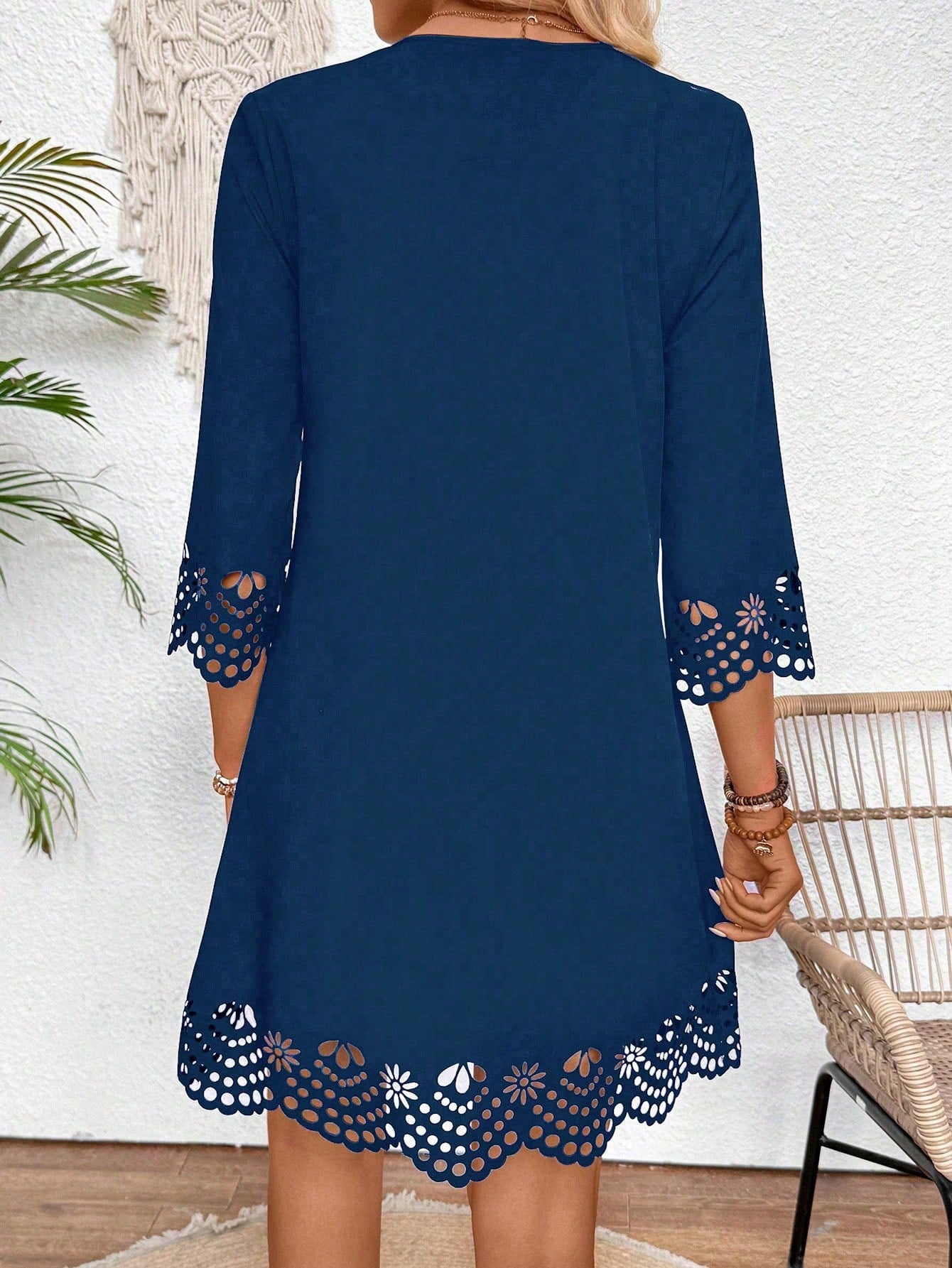 Breezaya Women Summer Hollow Out A-Line Dress With Arc-Shaped V-Neck, Loose Fit And Elegant Design
