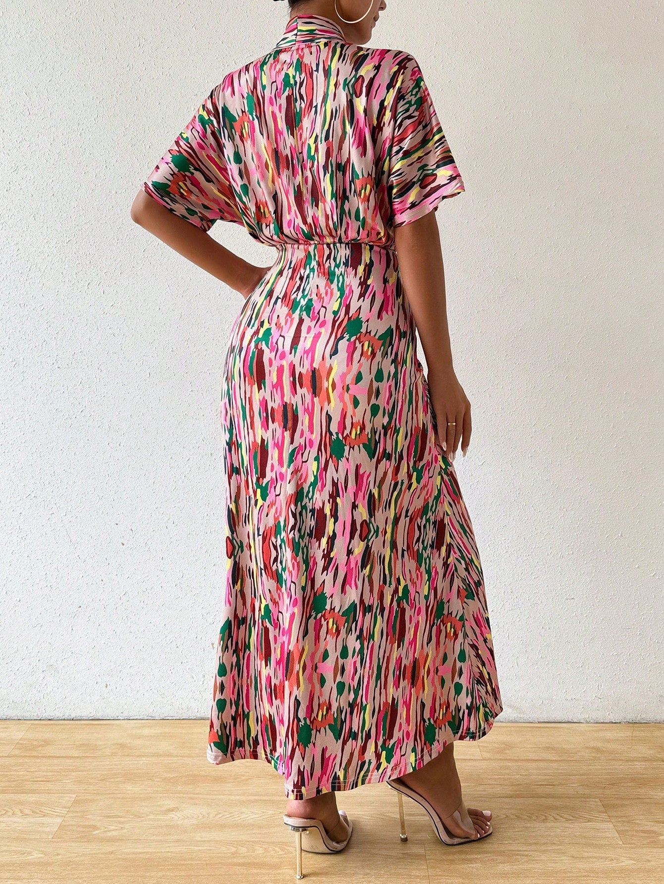 Breezaya Women Summer Printed V-Neck Batwing Sleeve Dress With Ruched Waist And Fish Tail Hem Maxi Women Outfit