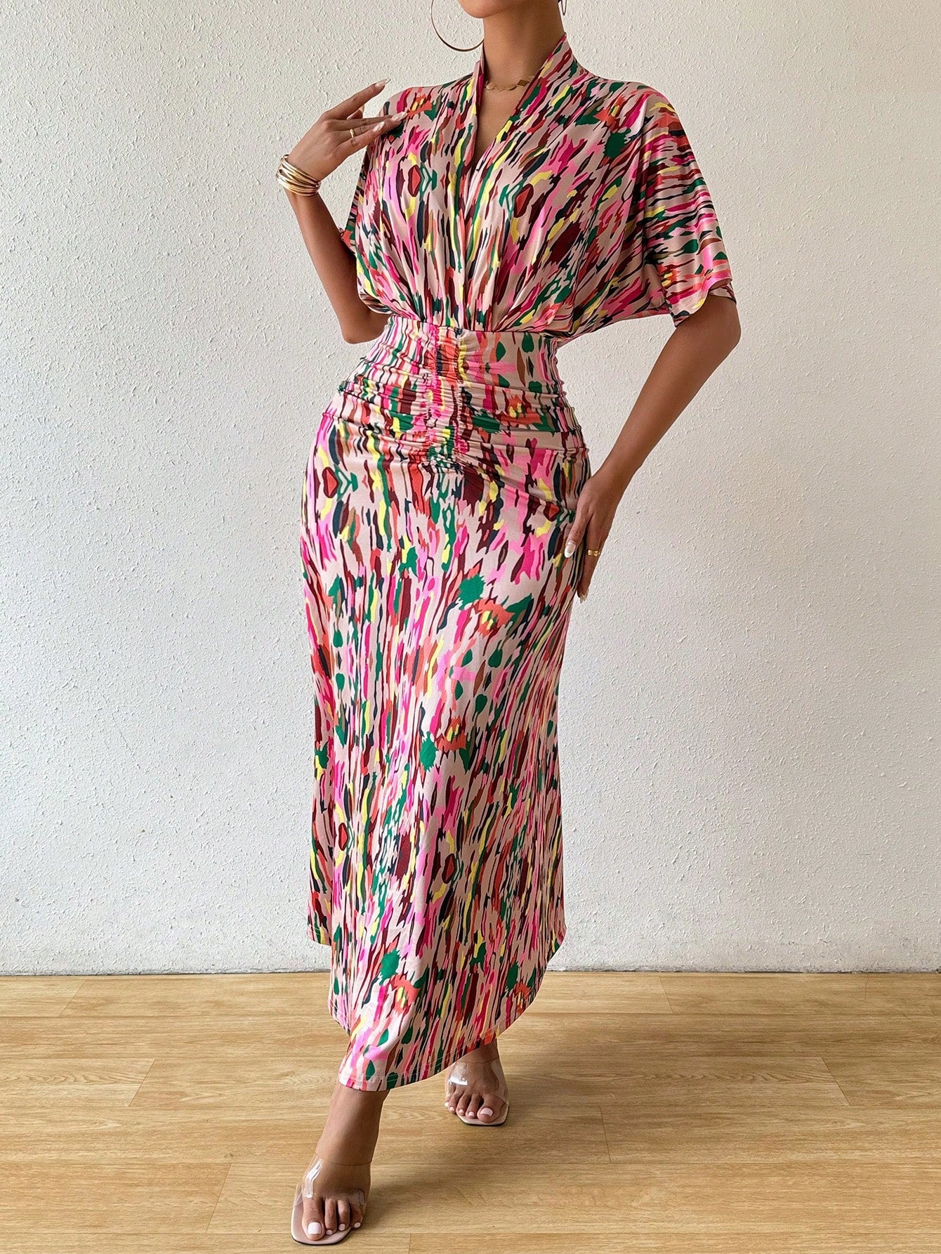 Breezaya Women Summer Printed V-Neck Batwing Sleeve Dress With Ruched Waist And Fish Tail Hem Maxi Women Outfit