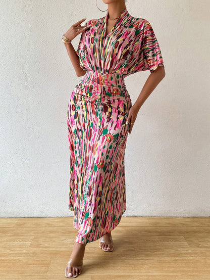 Breezaya Women Summer Printed V-Neck Batwing Sleeve Dress With Ruched Waist And Fish Tail Hem Maxi Women Outfit