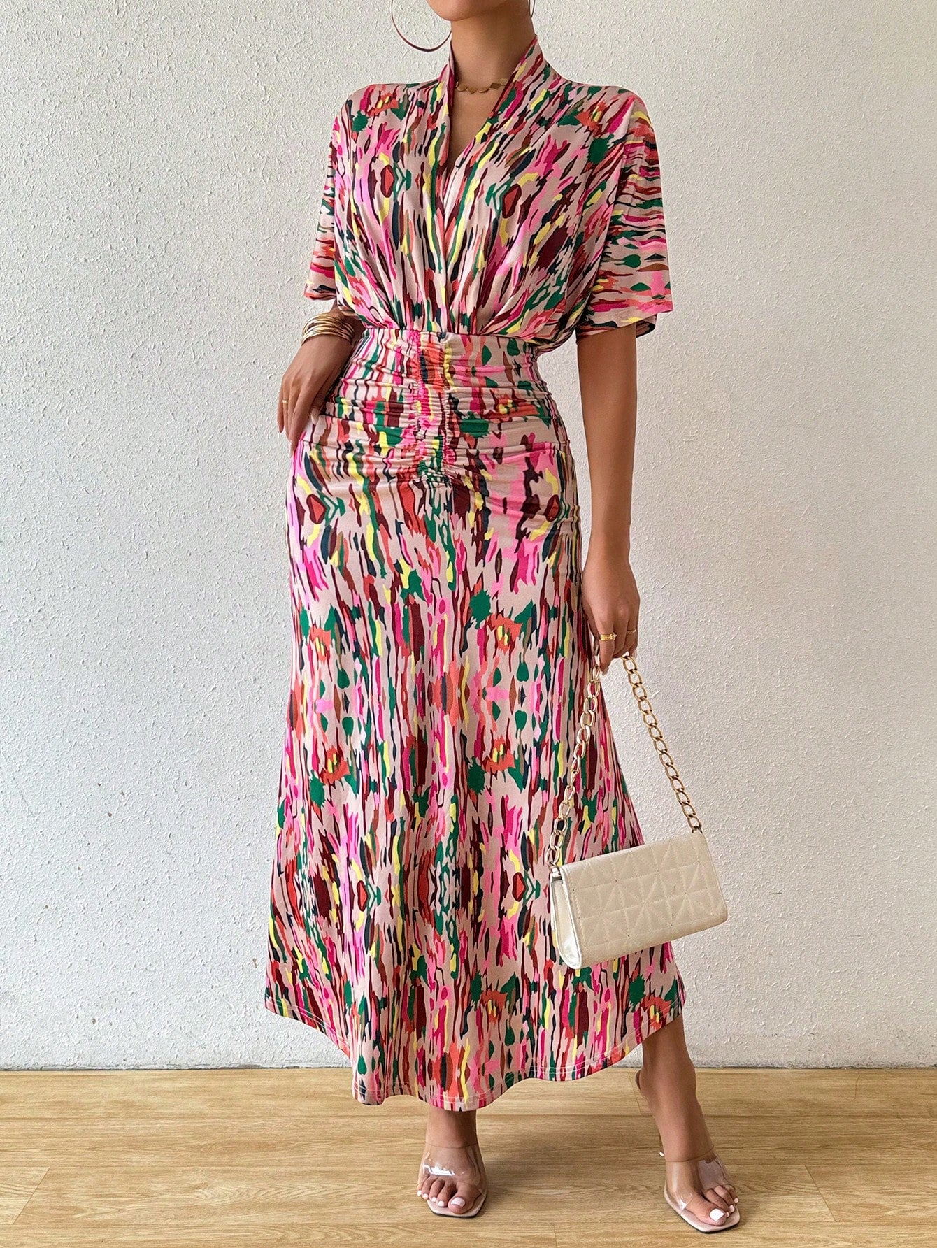 Breezaya Women Summer Printed V-Neck Batwing Sleeve Dress With Ruched Waist And Fish Tail Hem Maxi Women Outfit