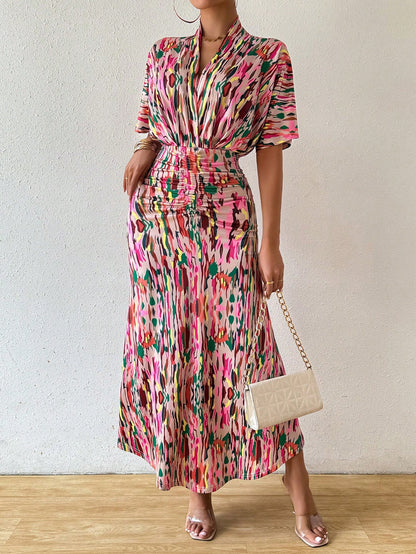Breezaya Women Summer Printed V-Neck Batwing Sleeve Dress With Ruched Waist And Fish Tail Hem Maxi Women Outfit