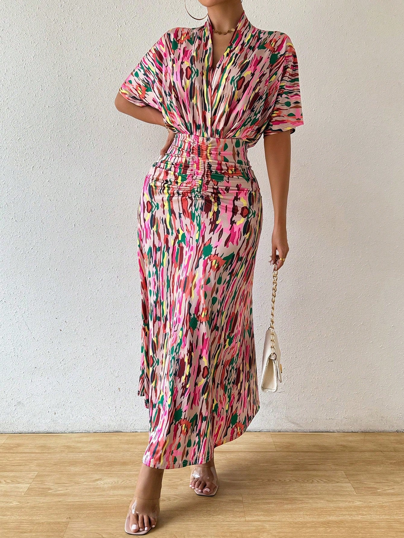 Breezaya Women Summer Printed V-Neck Batwing Sleeve Dress With Ruched Waist And Fish Tail Hem Maxi Women Outfit