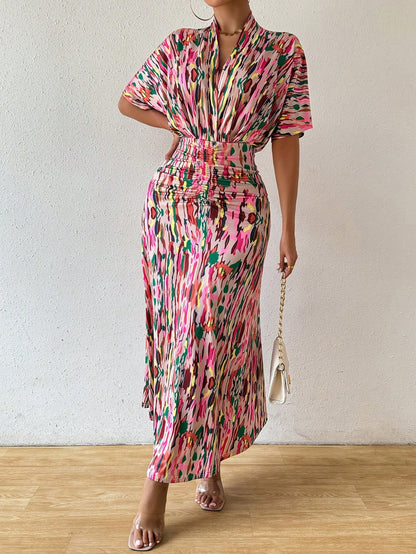 Breezaya Women Summer Printed V-Neck Batwing Sleeve Dress With Ruched Waist And Fish Tail Hem Maxi Women Outfit