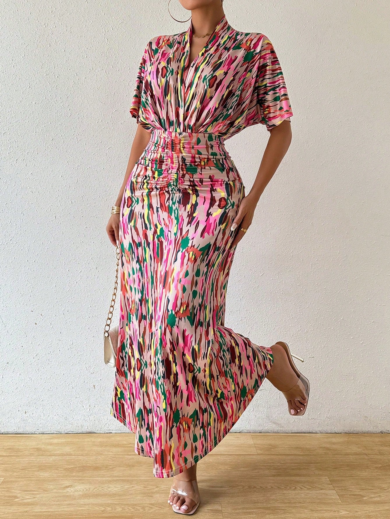 Breezaya Women Summer Printed V-Neck Batwing Sleeve Dress With Ruched Waist And Fish Tail Hem Maxi Women Outfit