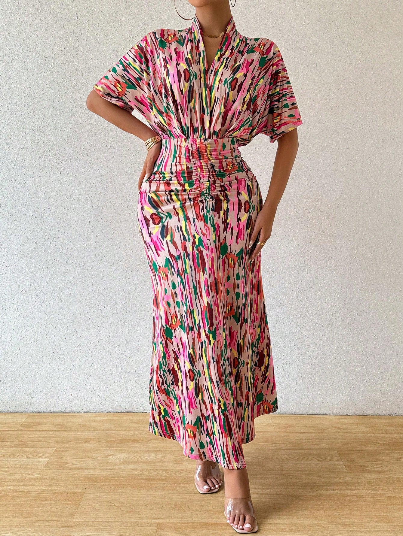 Breezaya Women Summer Printed V-Neck Batwing Sleeve Dress With Ruched Waist And Fish Tail Hem Maxi Women Outfit