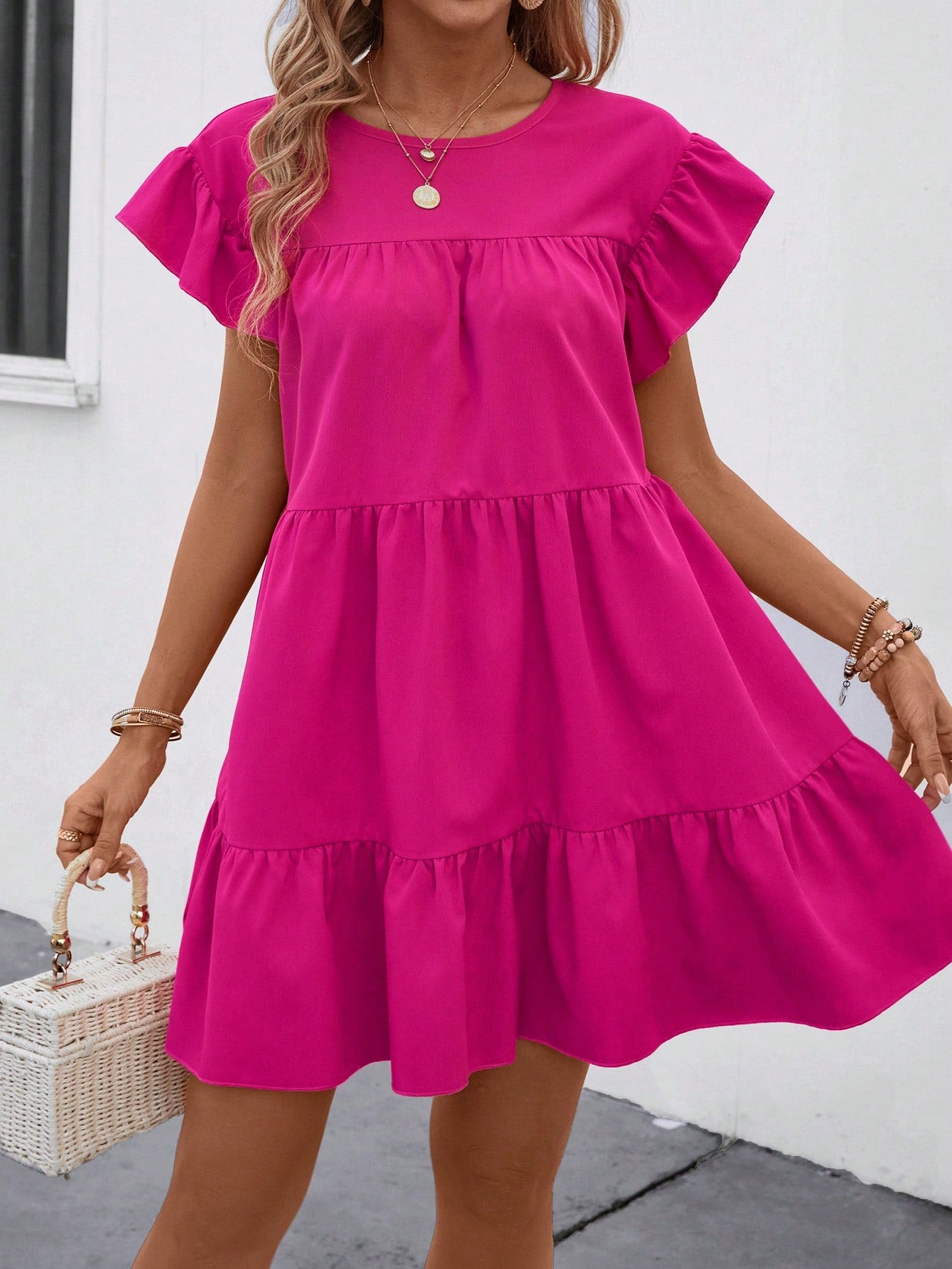 Breezaya Women Summer Solid Color Round Neck Loose Babydoll Dress With Ruffle Trim Vacation Beach Outfit