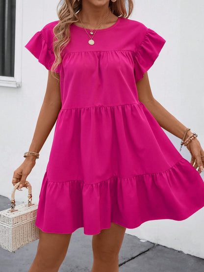 Breezaya Women Summer Solid Color Round Neck Loose Babydoll Dress With Ruffle Trim Vacation Beach Outfit