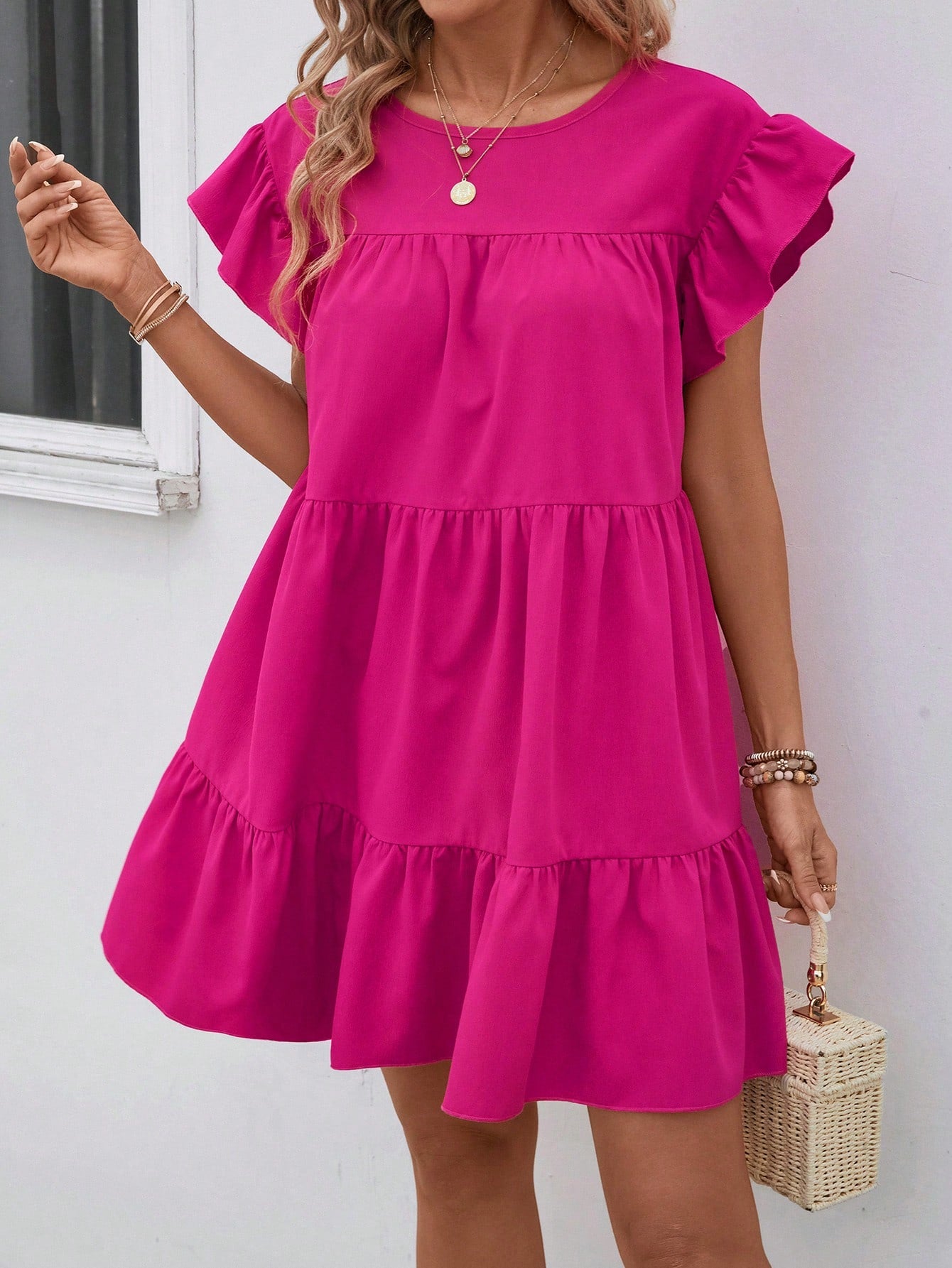 Breezaya Women Summer Solid Color Round Neck Loose Babydoll Dress With Ruffle Trim Vacation Beach Outfit