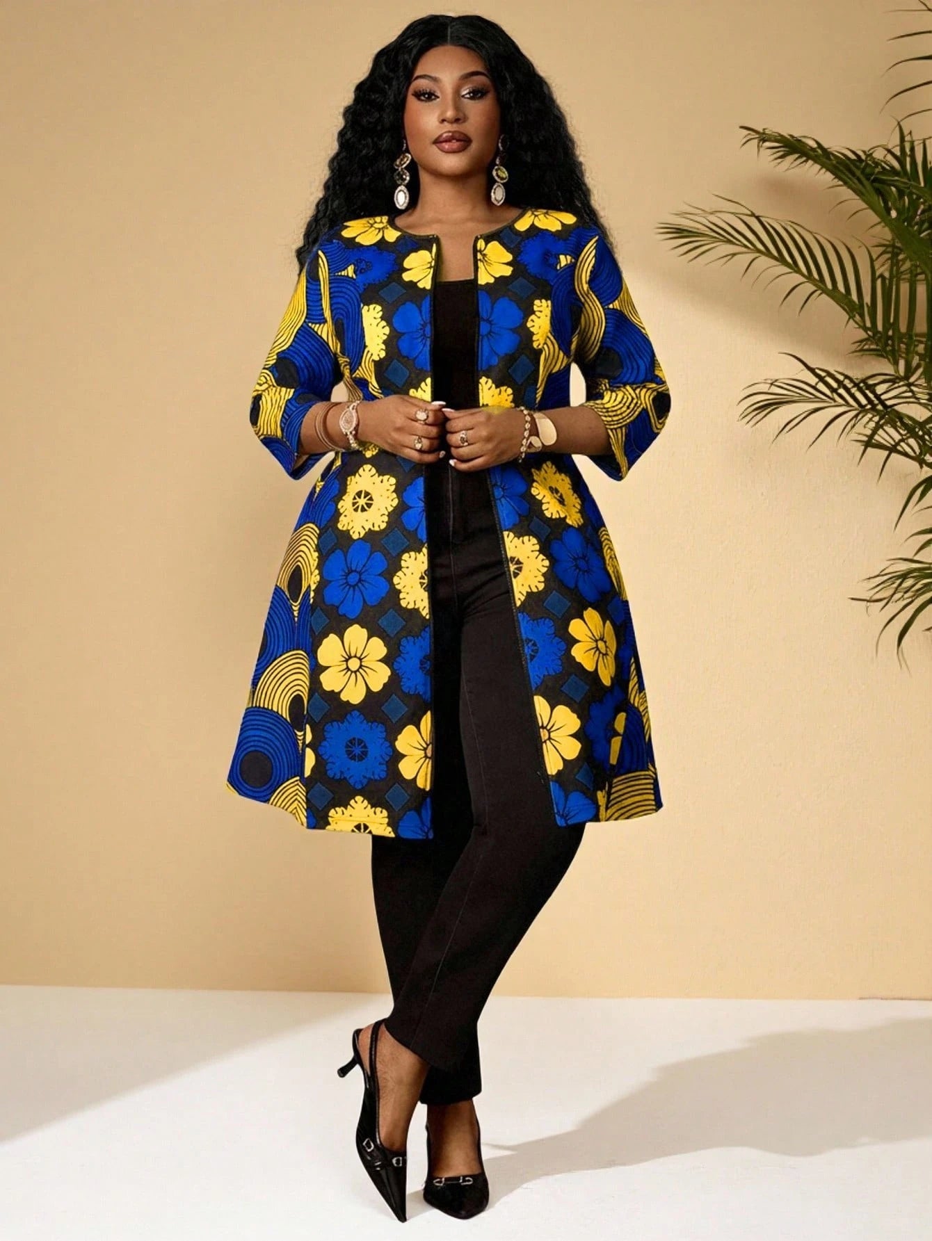 BrightlyHer Plus Size Women Floral Print Zip-Up Casual Versatile Long Jacket For Daily Wear Ankara African Blazer Fall