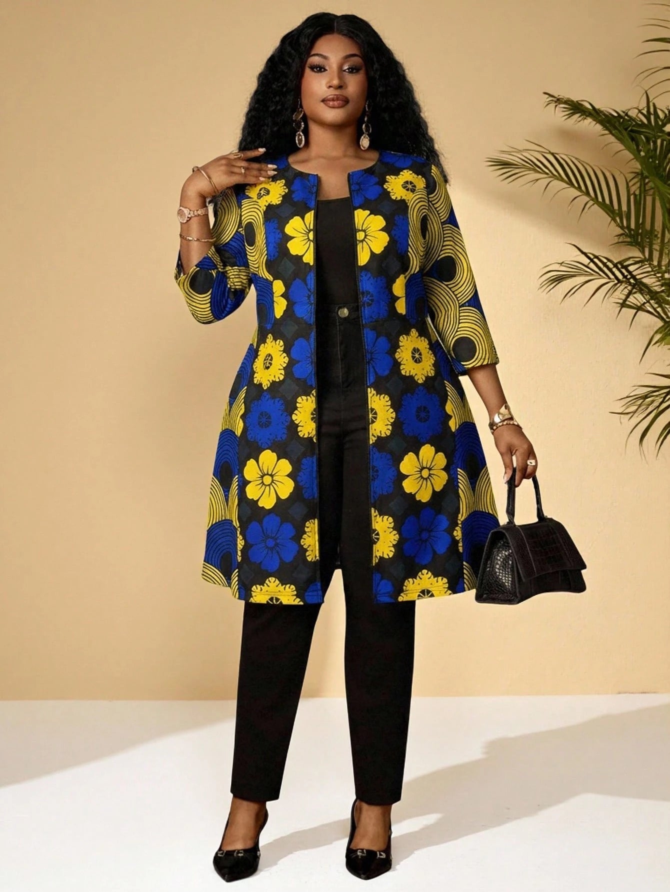 BrightlyHer Plus Size Women Floral Print Zip-Up Casual Versatile Long Jacket For Daily Wear Ankara African Blazer Fall