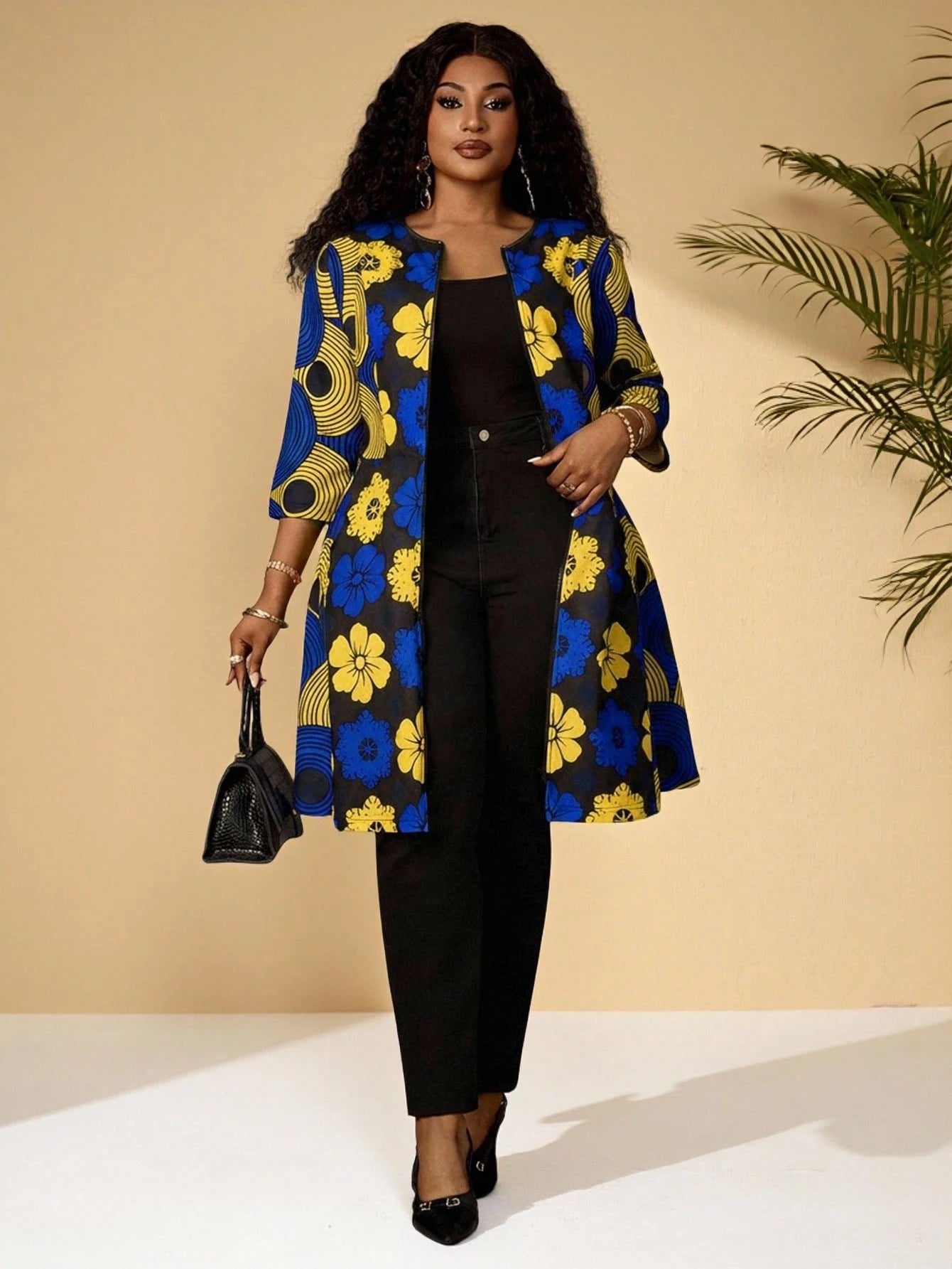 BrightlyHer Plus Size Women Floral Print Zip-Up Casual Versatile Long Jacket For Daily Wear Ankara African Blazer Fall