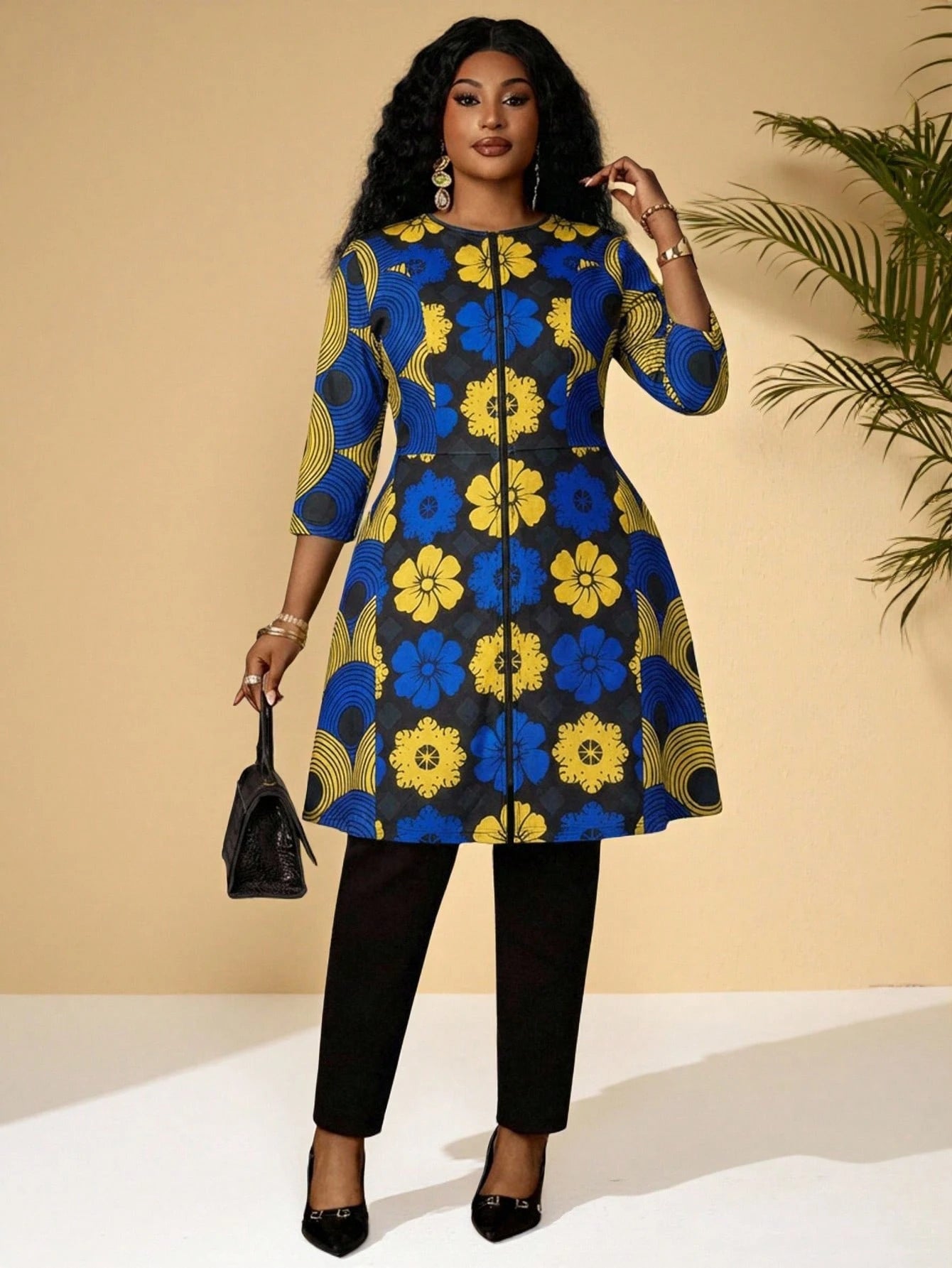 BrightlyHer Plus Size Women Floral Print Zip-Up Casual Versatile Long Jacket For Daily Wear Ankara African Blazer Fall