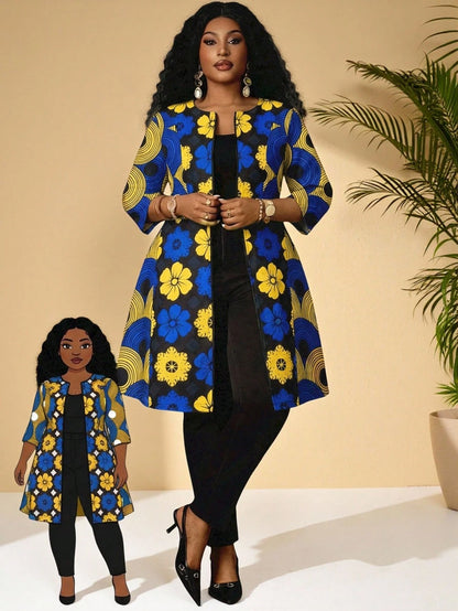 BrightlyHer Plus Size Women Floral Print Zip-Up Casual Versatile Long Jacket For Daily Wear Ankara African Blazer Fall