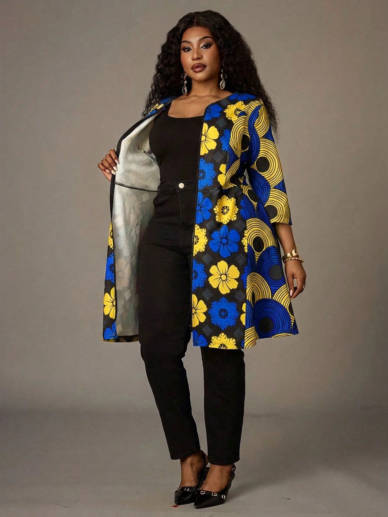 BrightlyHer Plus Size Women Floral Print Zip-Up Casual Versatile Long Jacket For Daily Wear Ankara African Blazer Fall