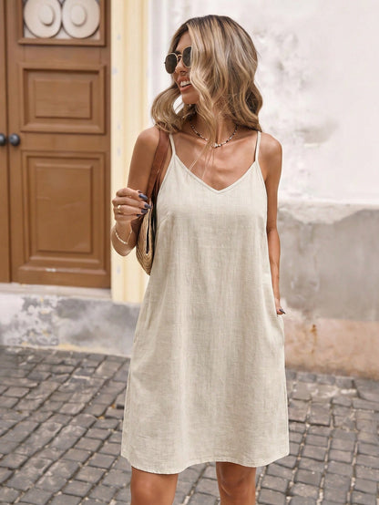 Brillora Vacation Solid Color Woven Spaghetti Strap Linen Side Pocket Mini Dress