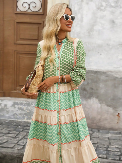 Brillora Women's Beige Summer Boho Long Dress,Colorblock Print Patchwork Front Button Vacation Picnic Holiday Outfit,Bohemian Cottagecore Western Fall Clothes