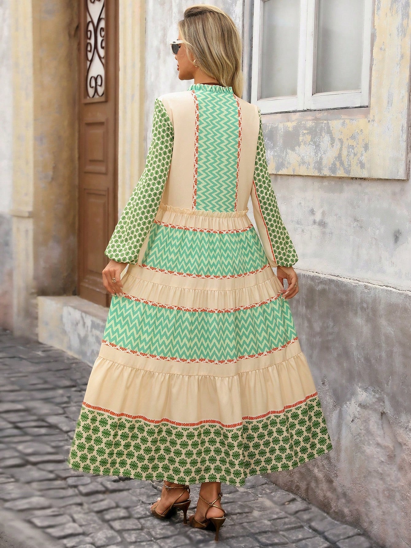 Brillora Women's Beige Summer Boho Long Dress,Colorblock Print Patchwork Front Button Vacation Picnic Holiday Outfit,Bohemian Cottagecore Western Fall Clothes