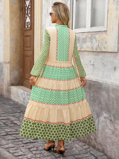 Brillora Women's Beige Summer Boho Long Dress,Colorblock Print Patchwork Front Button Vacation Picnic Holiday Outfit,Bohemian Cottagecore Western Fall Clothes