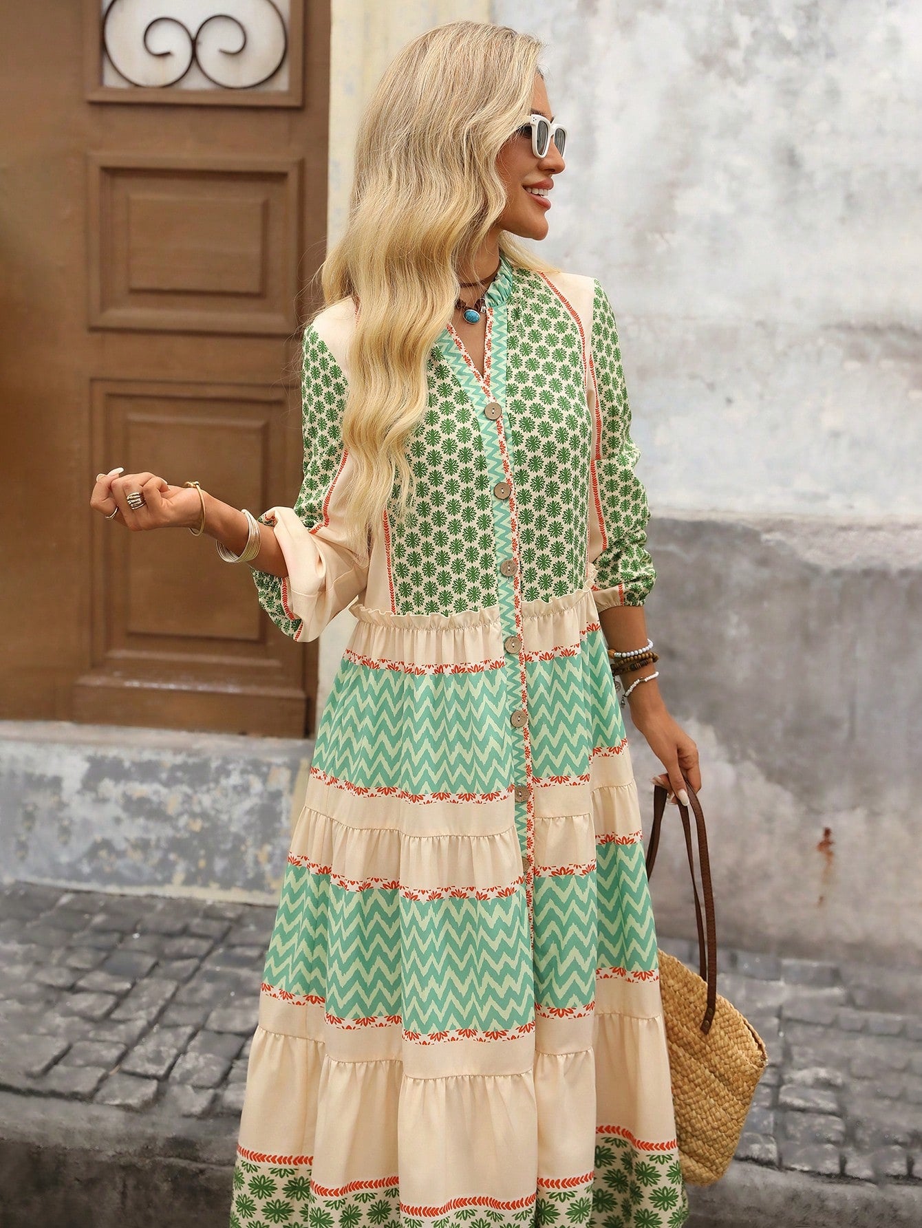 Brillora Women's Beige Summer Boho Long Dress,Colorblock Print Patchwork Front Button Vacation Picnic Holiday Outfit,Bohemian Cottagecore Western Fall Clothes