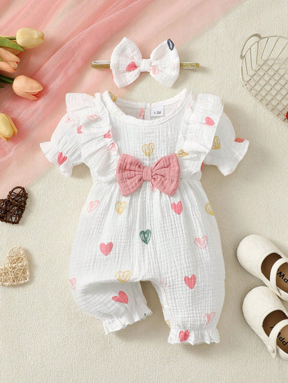 BrownBark 2pcs Baby Girls Spring/Summer Cute Sweet Short Sleeve Romper And Headband, Baby Girls Cute Heart Print With Big Bow Design Romper, Matching Bow Headband, Sweet Princess Style, Suitable For N