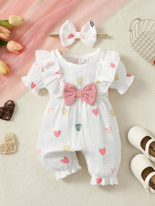 BrownBark 2pcs Baby Girls Spring/Summer Cute Sweet Short Sleeve Romper And Headband, Baby Girls Cute Heart Print With Big Bow Design Romper, Matching Bow Headband, Sweet Princess Style, Suitable For N