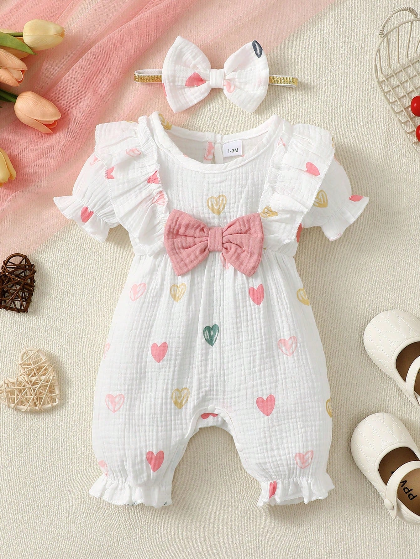 BrownBark 2pcs Baby Girls Spring/Summer Cute Sweet Short Sleeve Romper And Headband, Baby Girls Cute Heart Print With Big Bow Design Romper, Matching Bow Headband, Sweet Princess Style, Suitable For N
